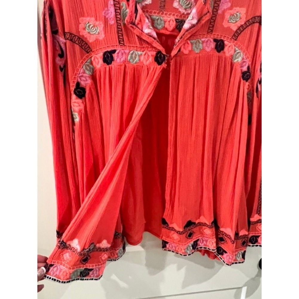 Velzera Coral Pink Floral Embroidered Crinkle Gauze Boho Peasant Blouse 1XL